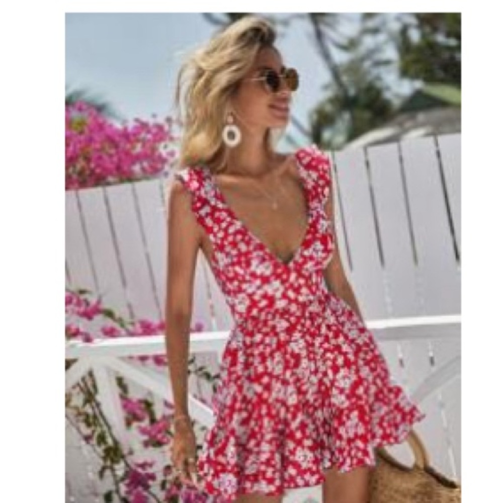 Red Floral Halter Romper